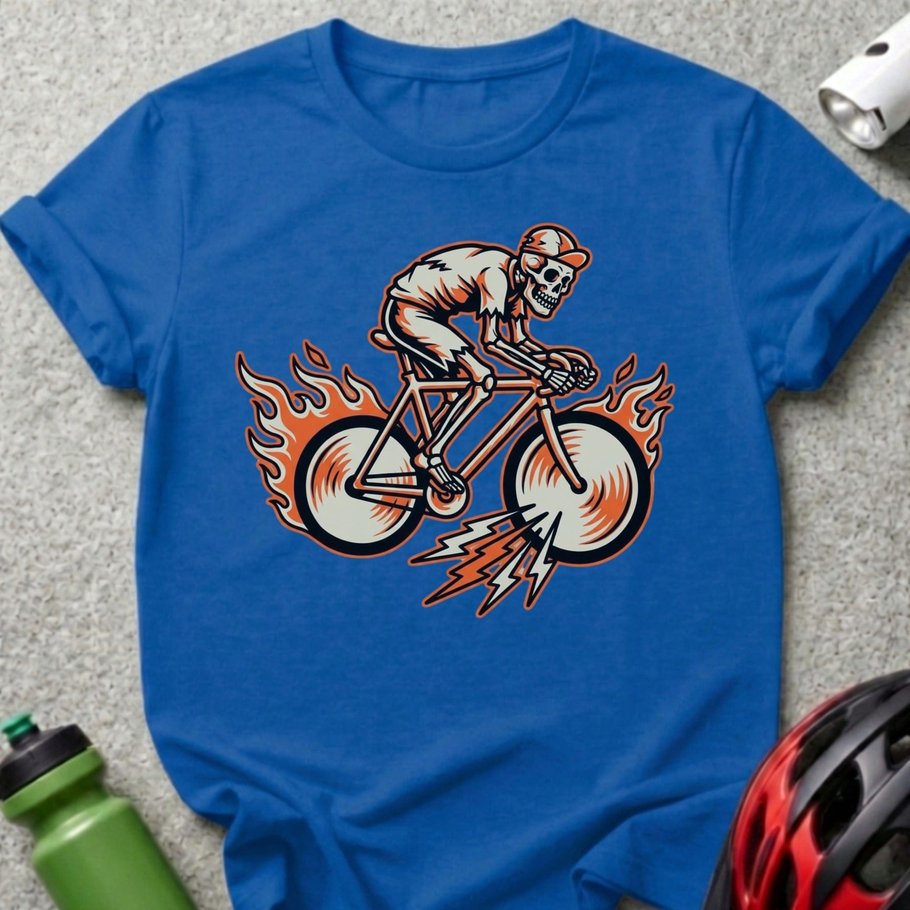 Skeleton Riding Flaming Bicycle Graphic T-Shirt