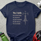 Navy t-shirt with "Yes, I cycle" text and bicycle illustration.