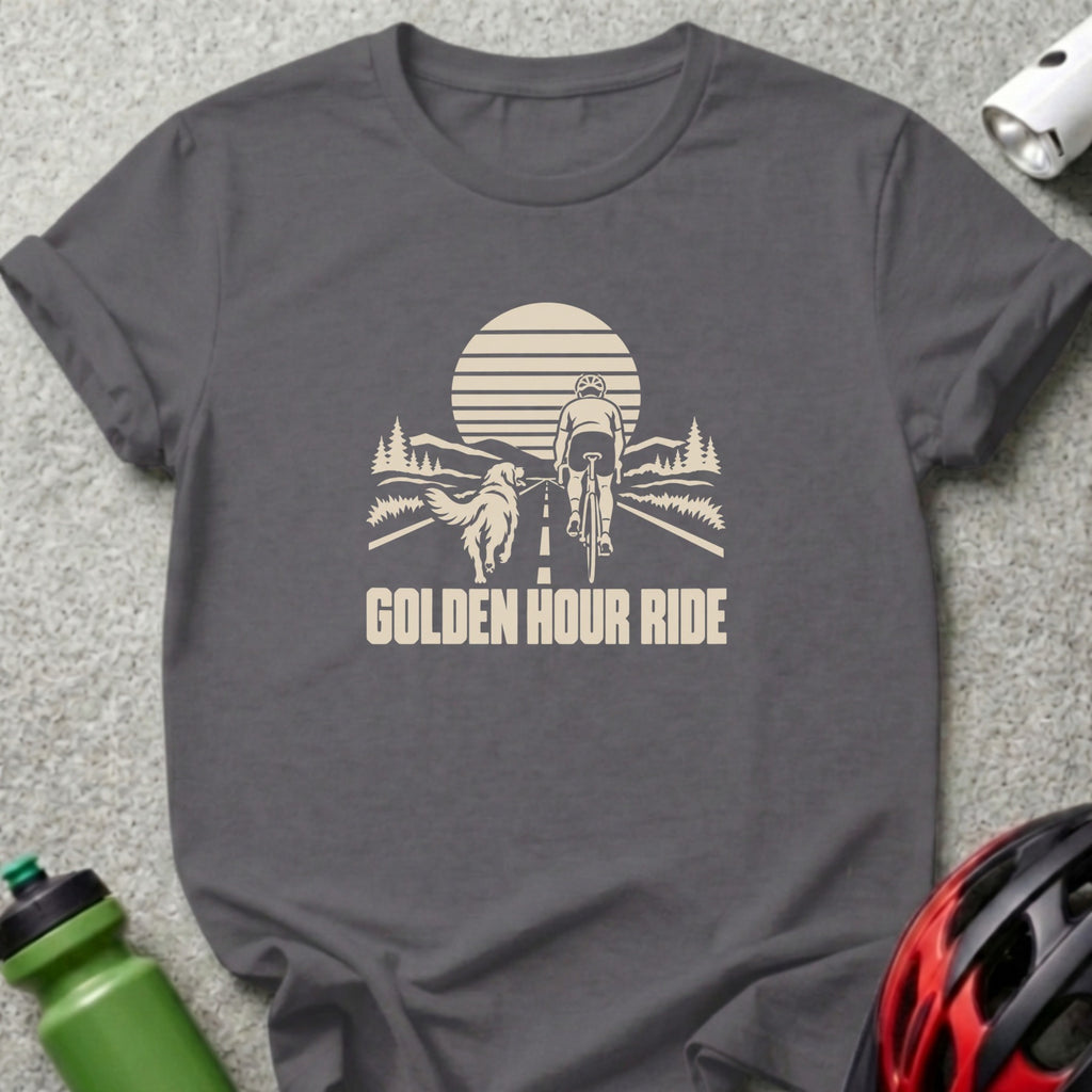 Dark grey t-shirt featuring a graphic print of a cyclist and dog on a road at sunset, with the text Golden Hour Ride.