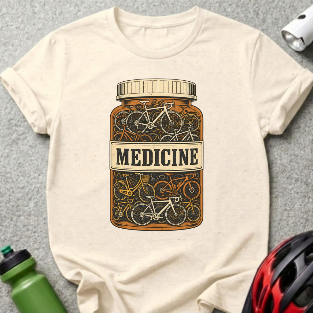 Shirt with illustration of a medicine bottle filled with various bicycles.