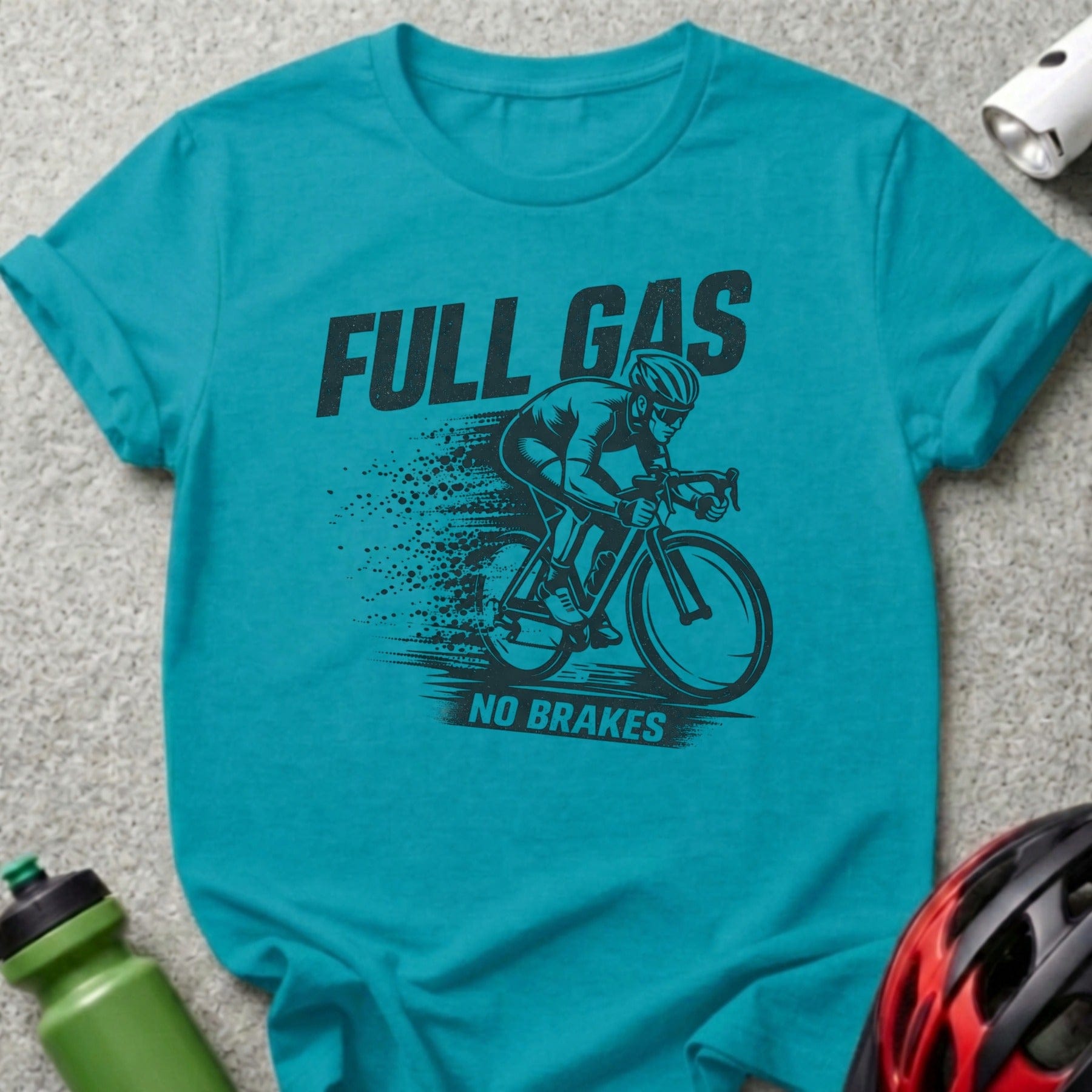 Cyclist with "FULL GAS NO BRAKES" text on a turquoise t-shirt.