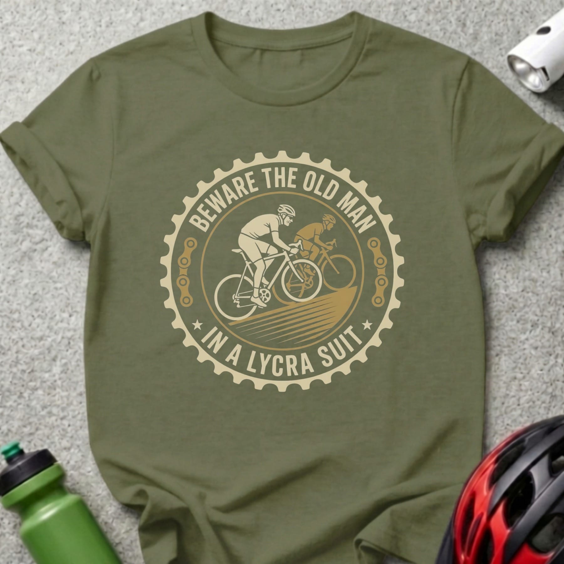 Olive green t-shirt with "Beware the old man in a lycra suit" cycling graphic.