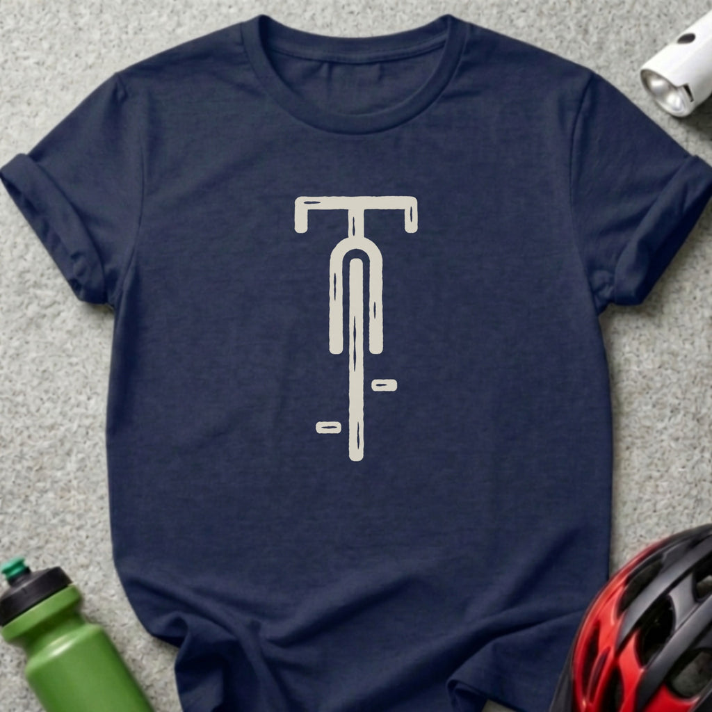 Dark blue crewneck t-shirt featuring a stylized white line drawing of bicycle handlebars.