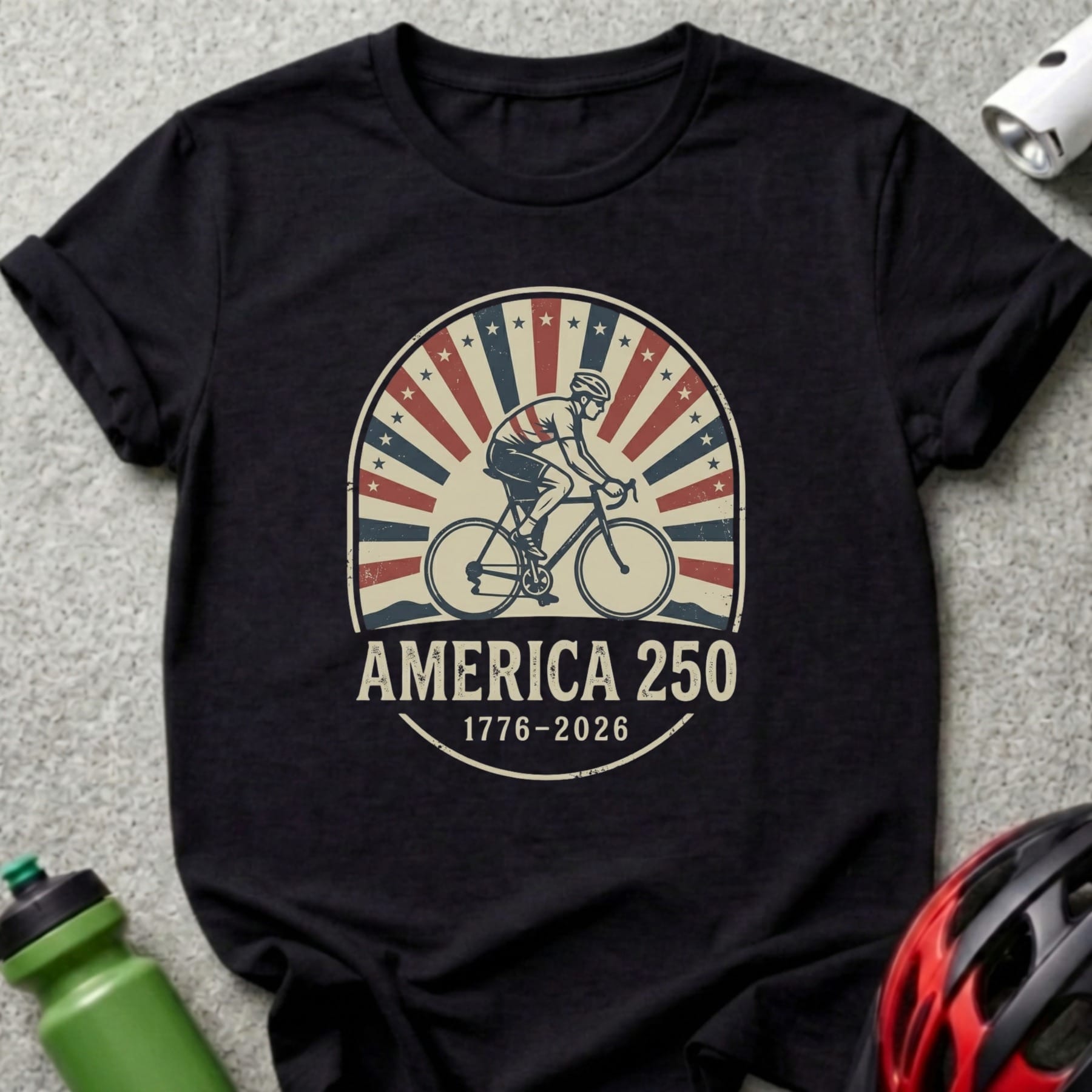 Black t-shirt with "America 250" cycling graphic, 1776-2026.