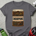 T-shirt featuring a pill bottle illustration with bicycles and the text "ENDORPHINS".