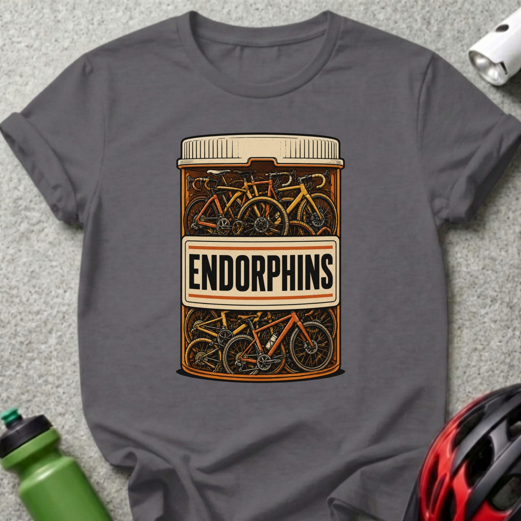 T-shirt featuring a pill bottle illustration with bicycles and the text "ENDORPHINS".