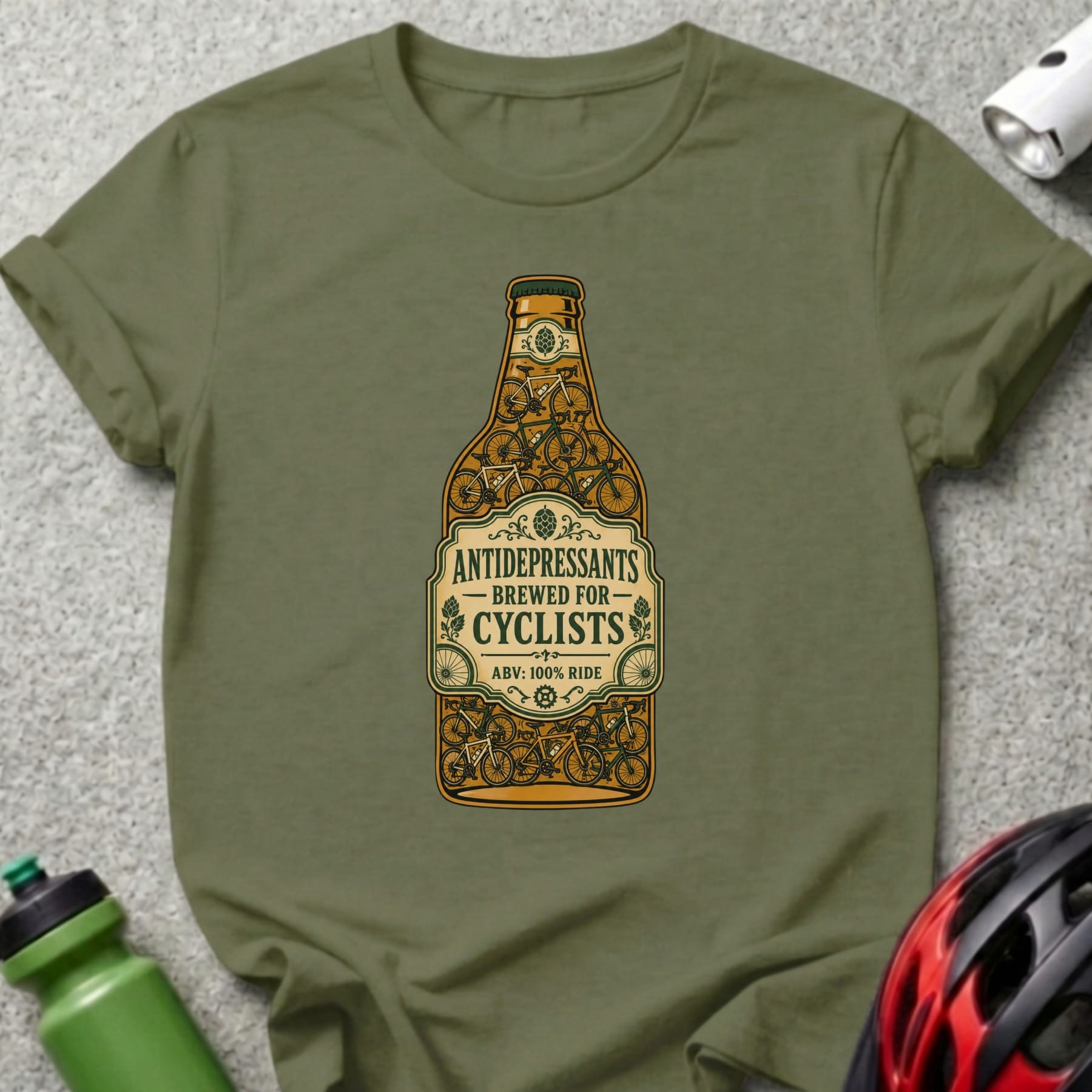 Olive green t-shirt with a graphic of a beer bottle filled with bicycles.