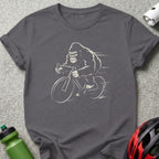 Gray t-shirt with graphic of a gorilla riding a bicycle.