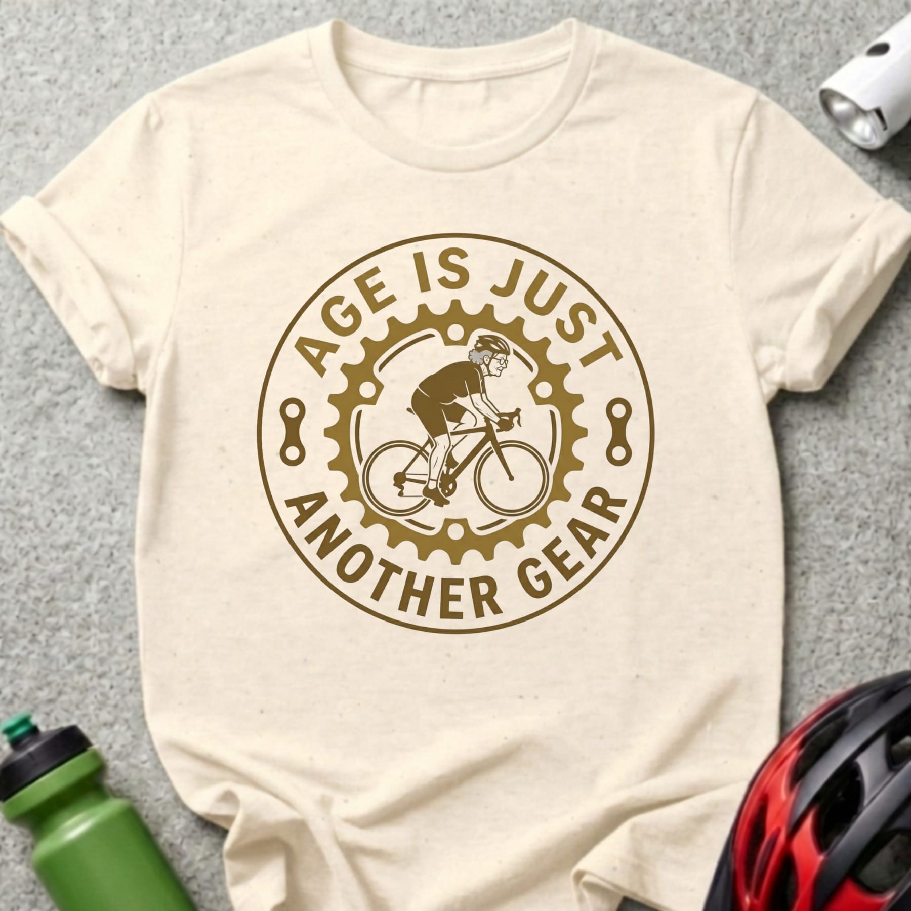 Cream t-shirt with "Age is just another gear" cycling graphic.