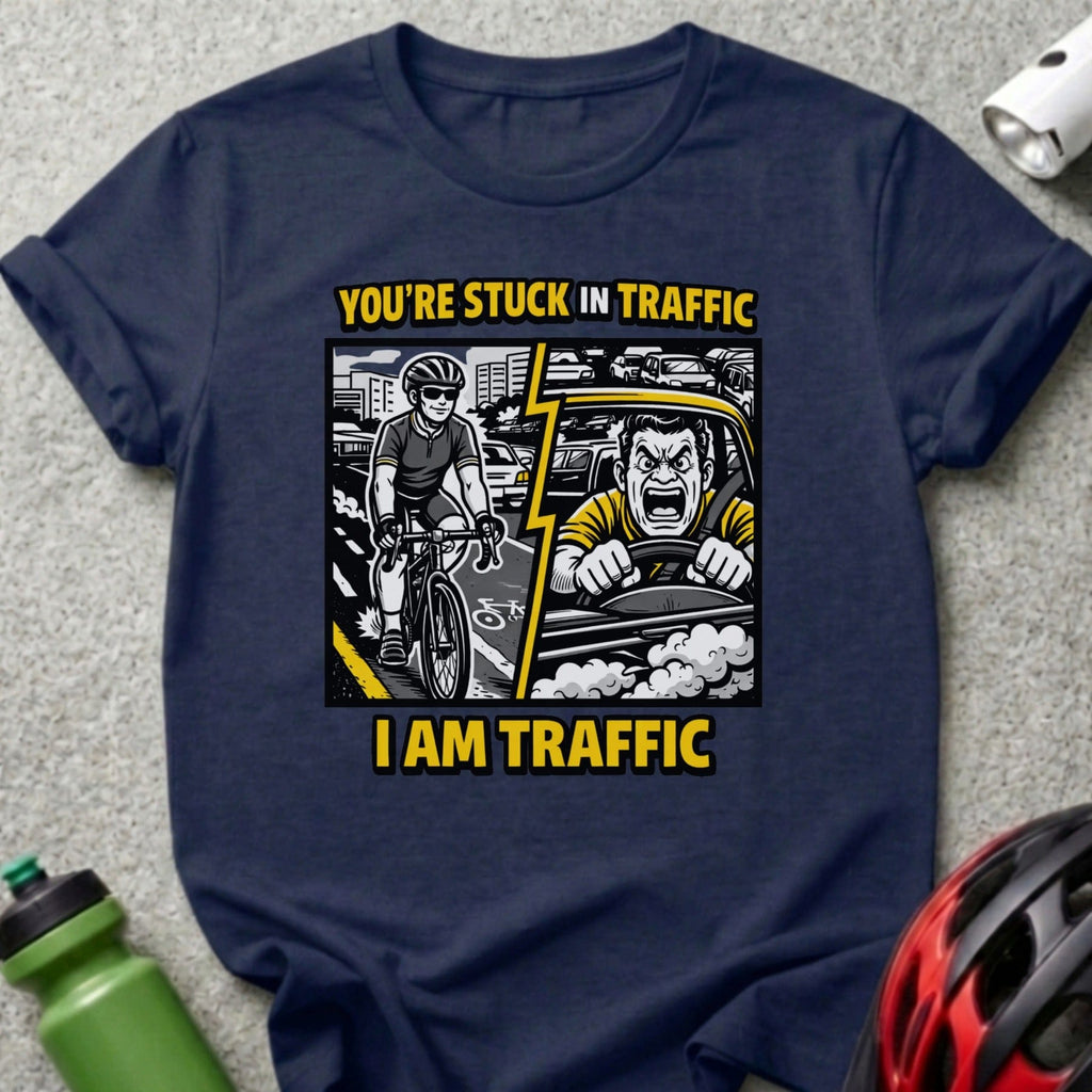 T-shirt with cartoon graphic of cyclist passing angry driver stuck in traffic.