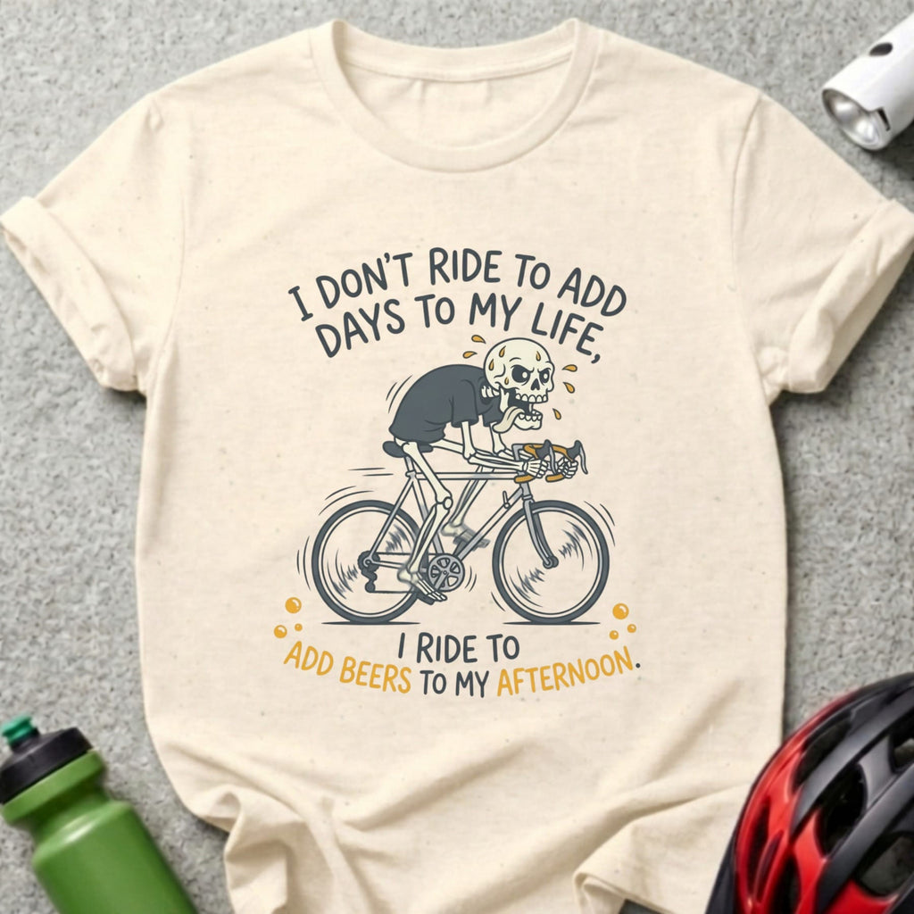 Skeleton riding a bicycle with text about riding and beers.