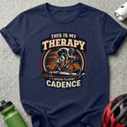 T-shirt with cyclist graphic and text "This Is My Therapy I Speak Fluent Cadence".