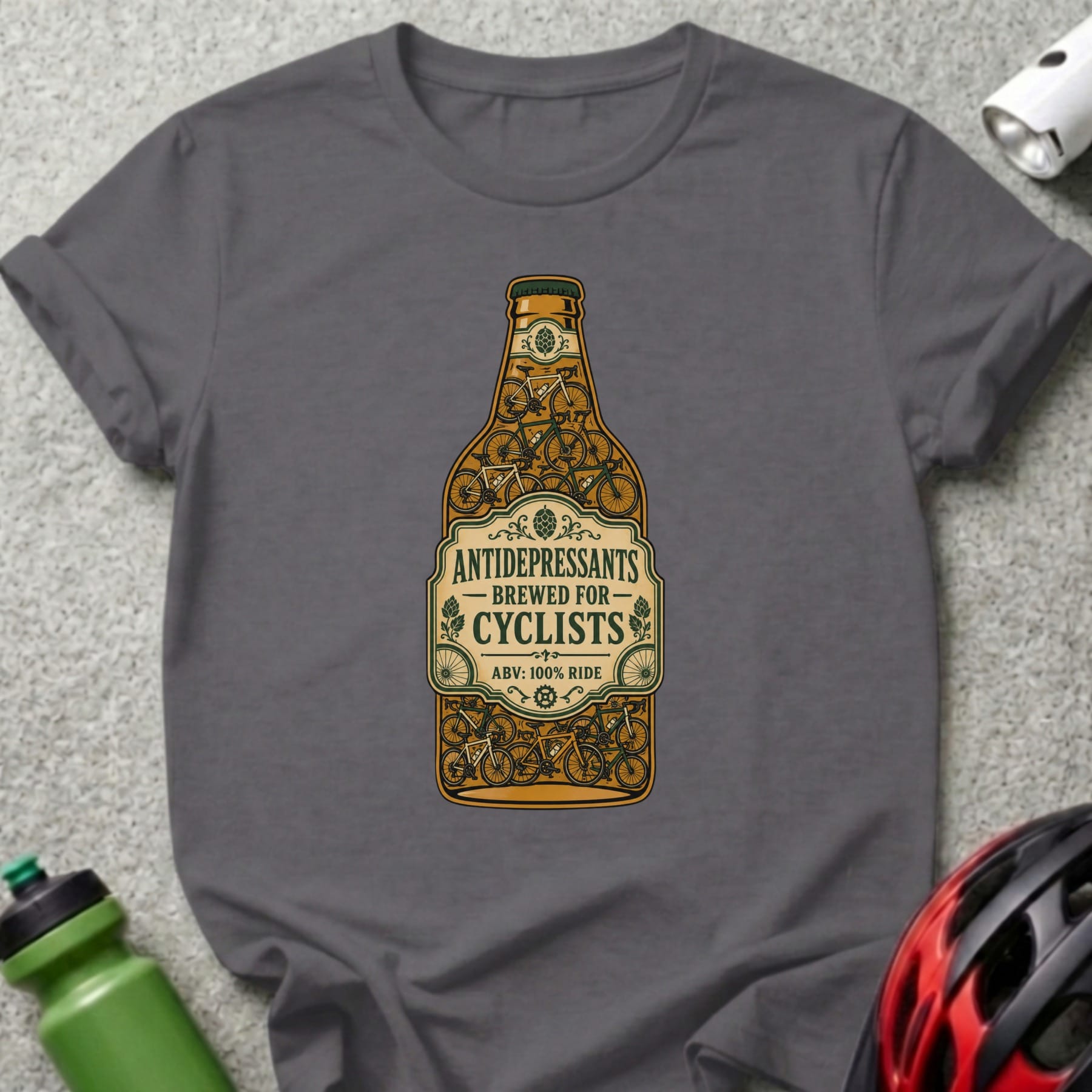 Dark gray t-shirt with bottle graphic: "Antidepressants Brewed for Cyclists".