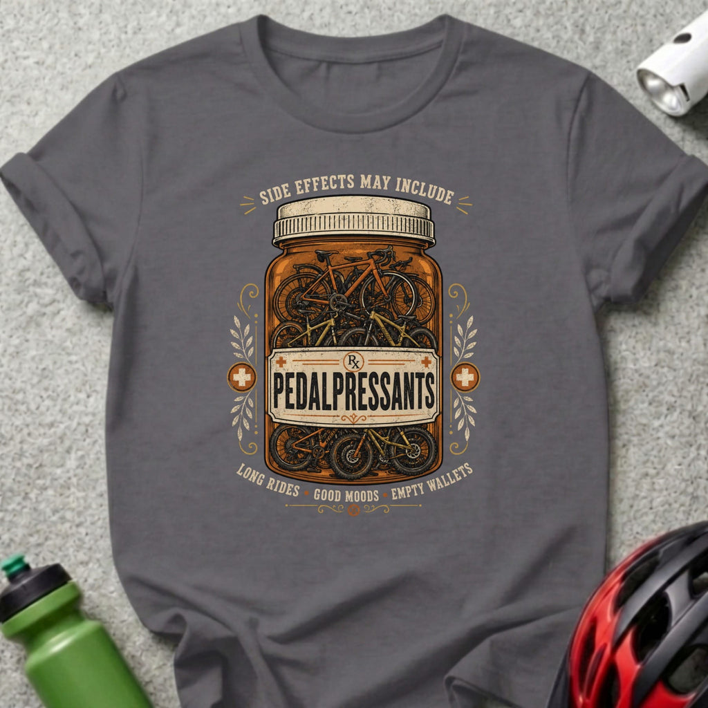 T-shirt with "Pedalpressants" Rx bottle graphic, listing side effects like "long rides."