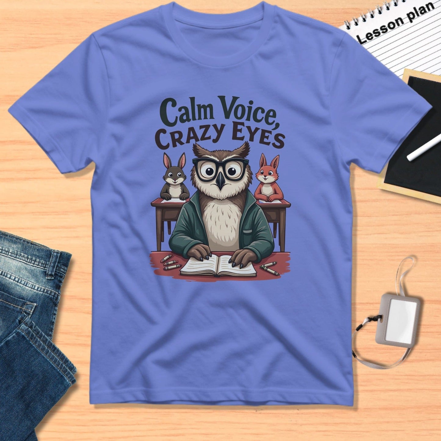 Calm Voice Crazy Eyes Owl with Rabbits T-Shirt