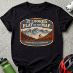 T-shirt with "It looked flat on the map. Somewhere in California" text and mountain biking scene.