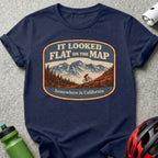 T-shirt with graphic "It looked flat on the map. Somewhere in California" and mountain biking scene.