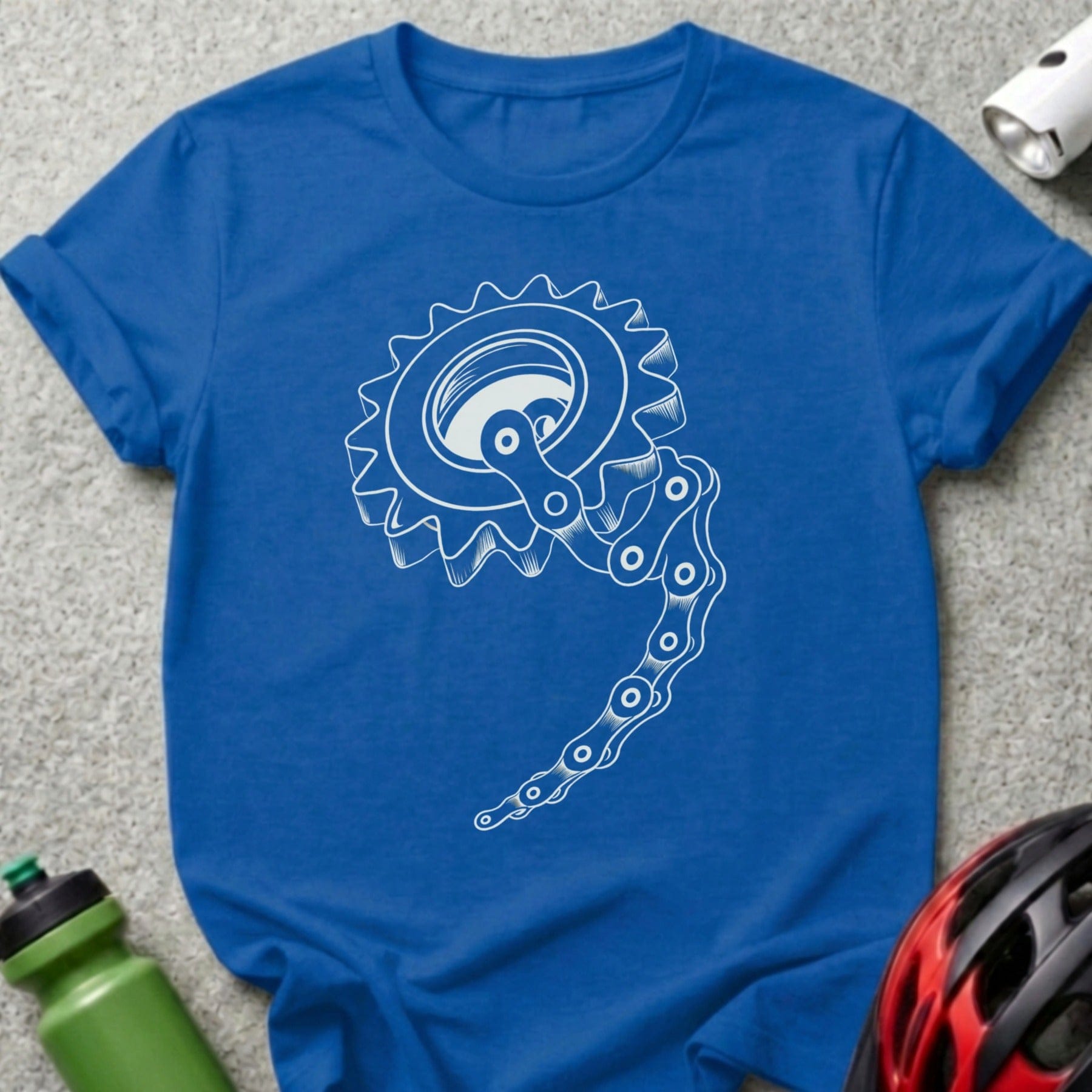 Blue Shirt with Detailed Bike Chain Gear Design
