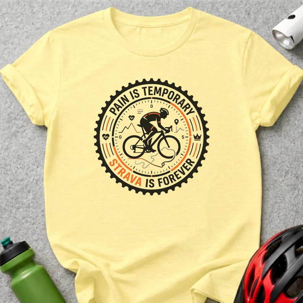 Yellow t-shirt with "Strava is Forever" cycling graphic in a gear.