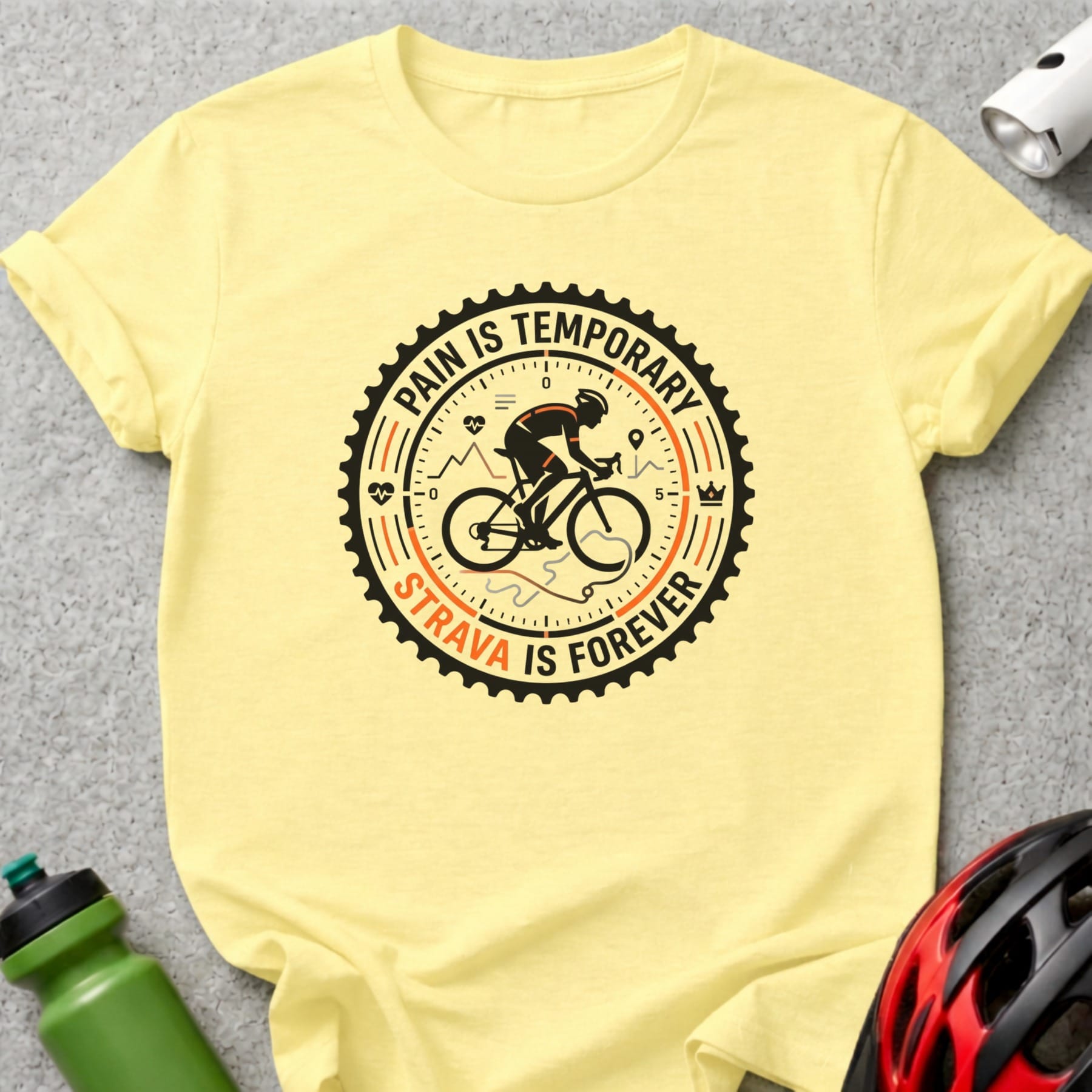 Yellow t-shirt with "Strava is Forever" cycling graphic in a gear.
