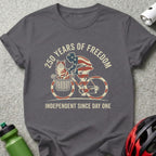 Gray t-shirt with patriotic cyclist and cat design.