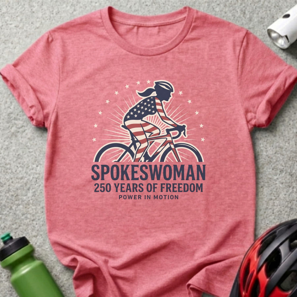 T-shirt with "Spokeswoman 250 Years of Freedom Power in Motion" text and cyclist graphic.