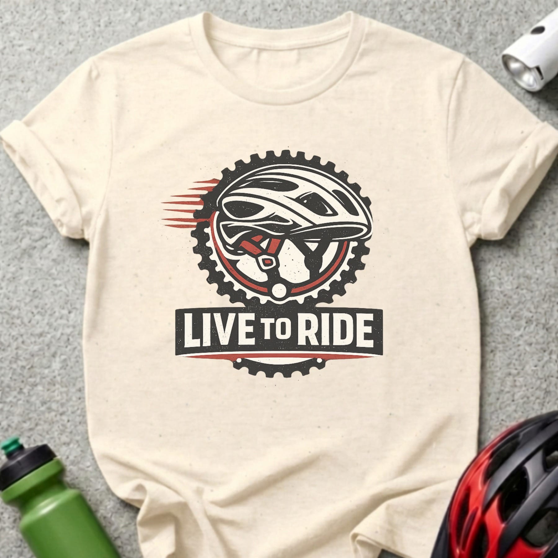 Cream t-shirt with "Live to Ride" text and bicycle helmet graphic.