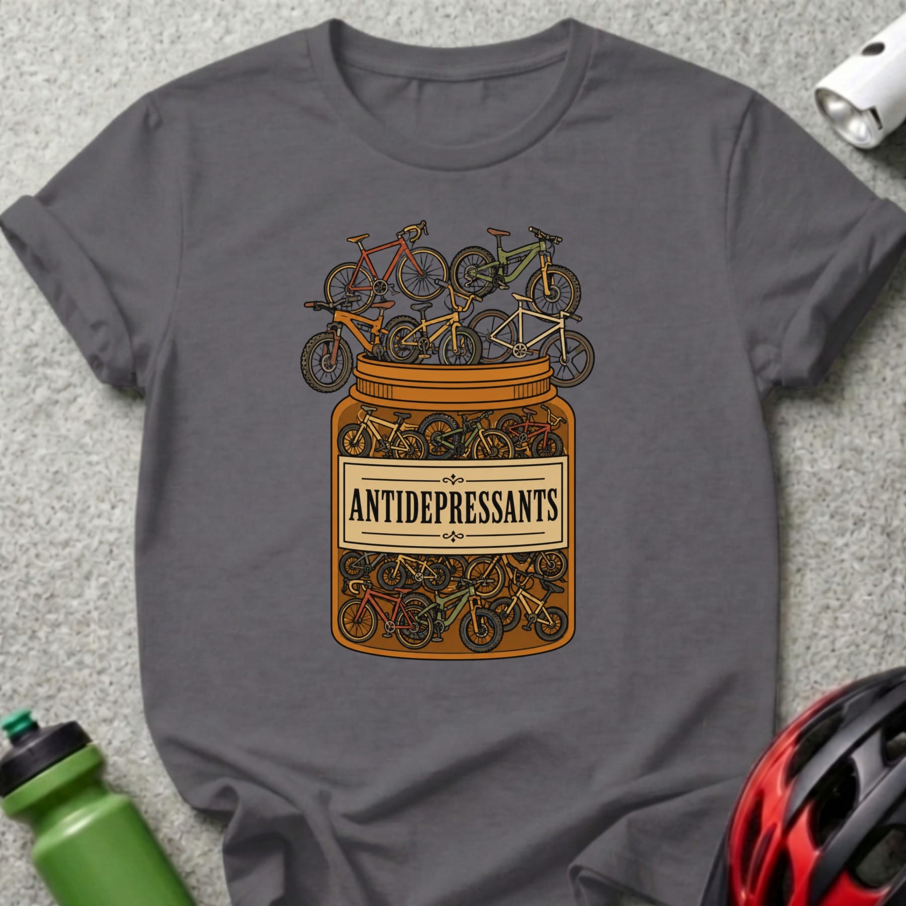 T-shirt with illustration of bicycles inside an antidepressant pill bottle.