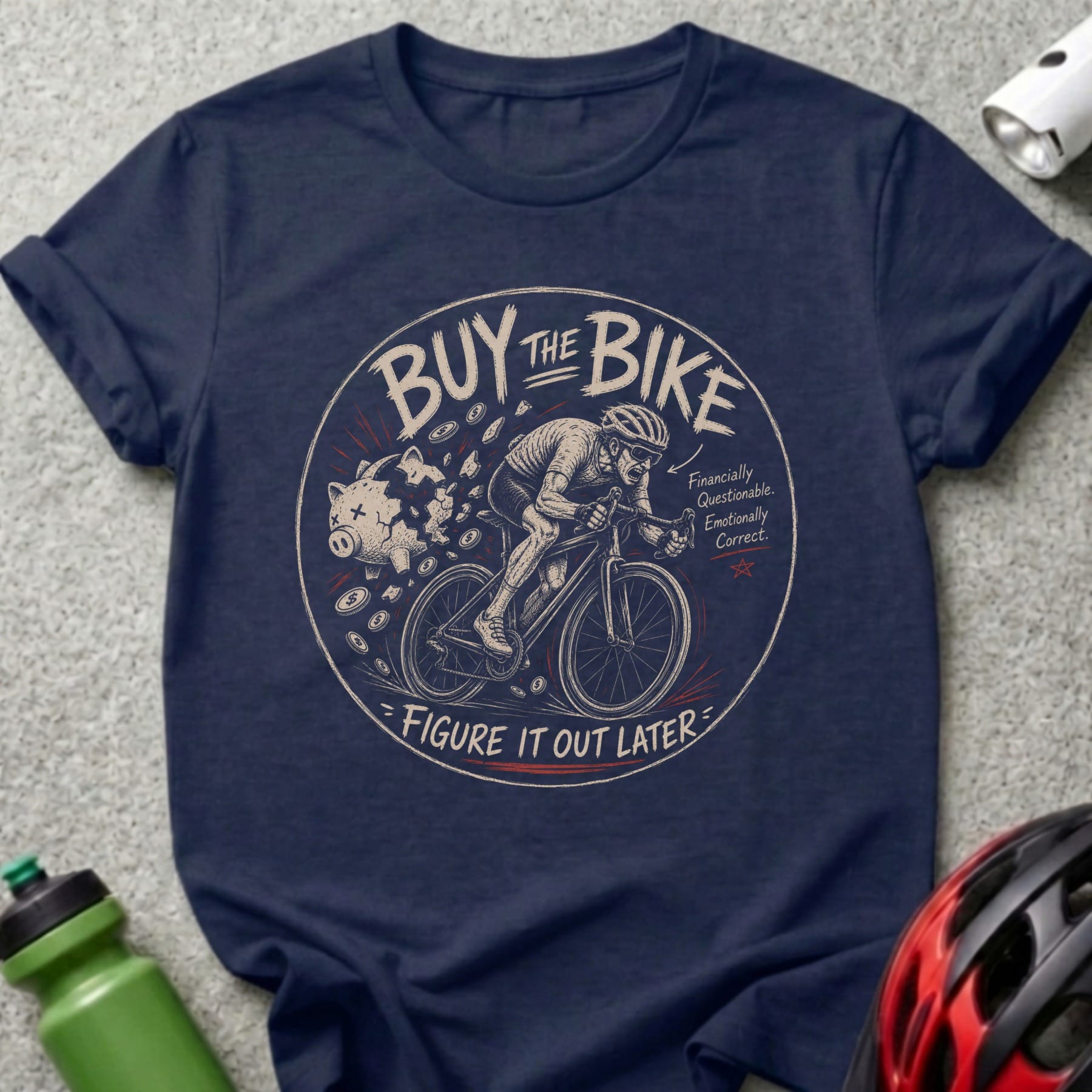 Navy t-shirt with cyclist and piggy bank graphic, text reads "BUY THE BIKE FIGURE IT OUT LATER"