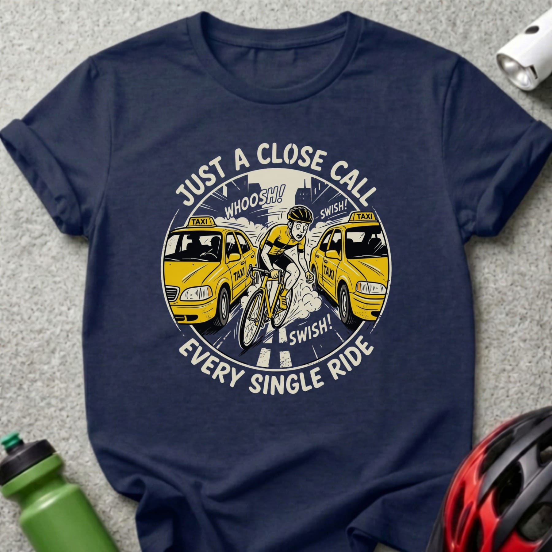 Cyclist narrowly avoids two yellow taxis, text reads "Just a close call, every single ride".