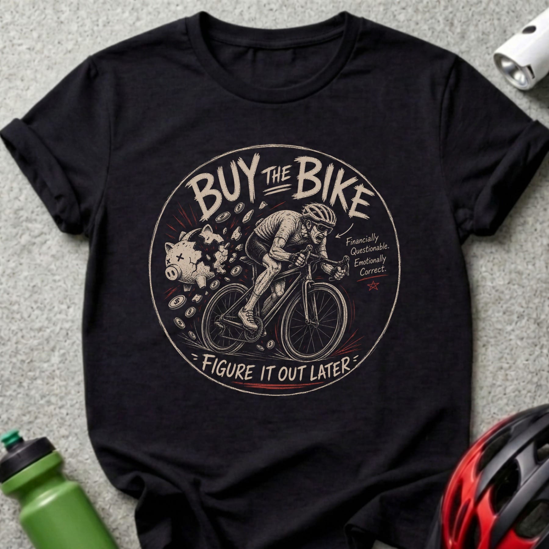 T-shirt with cyclist illustration and text "Buy The Bike, Figure It Out Later".