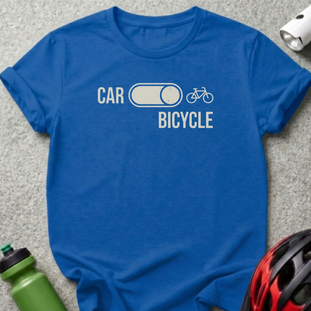 Blue t-shirt with "CAR" and "BICYCLE" text, bicycle graphic, and toggle switch.