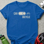 Blue t-shirt with "CAR" and "BICYCLE" text, bicycle graphic, and toggle switch.