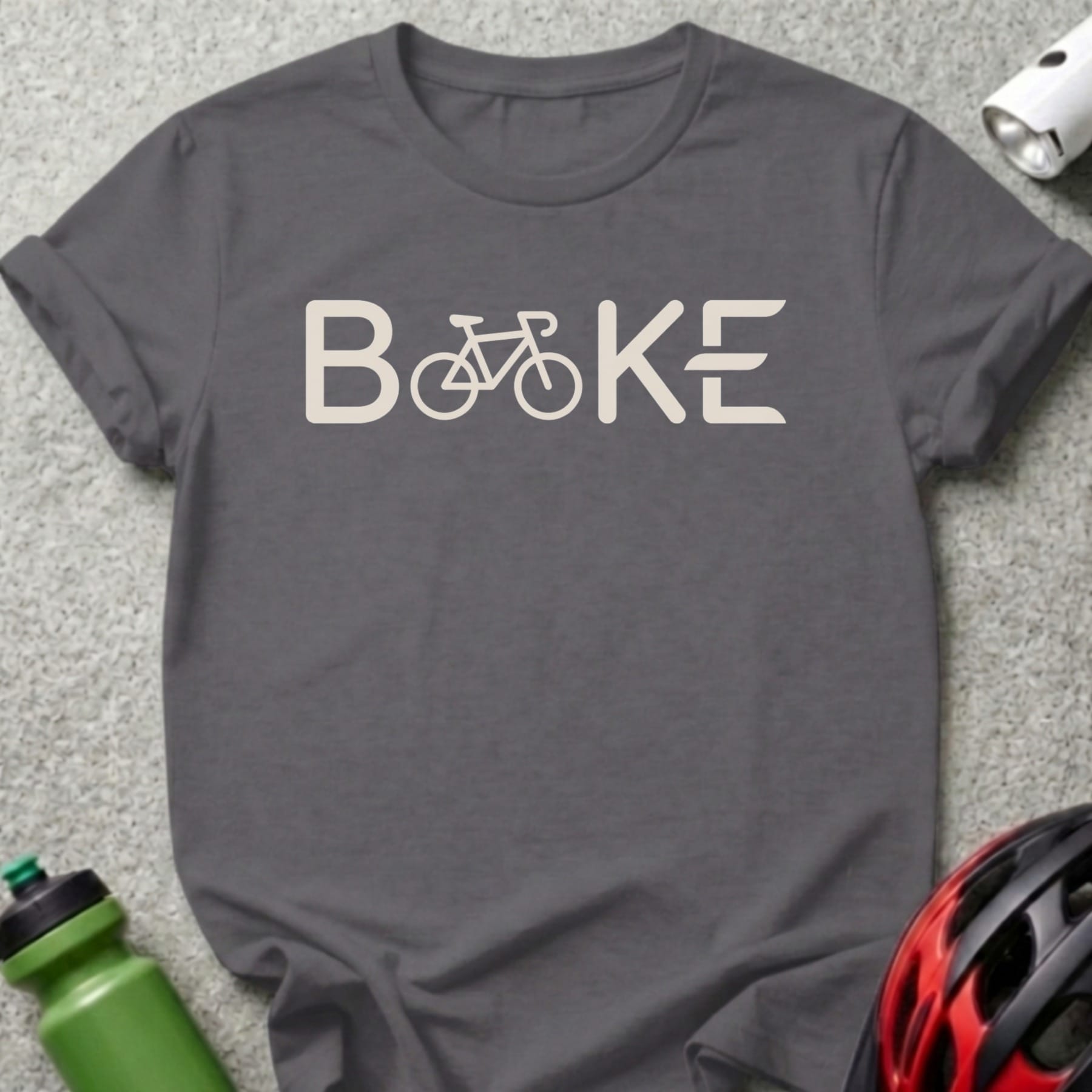Dark grey t-shirt with "Bike" text and bicycle icon.