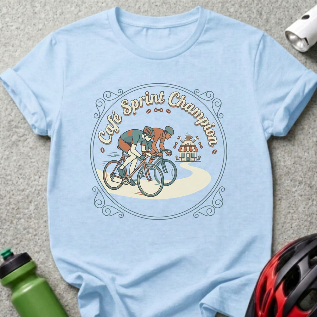 Light blue t-shirt with graphic of two cyclists in a race, "Cafe Sprint Champion" text.