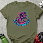 Cyclist in motion with "FULL SPEED" text logo on an olive t-shirt.
