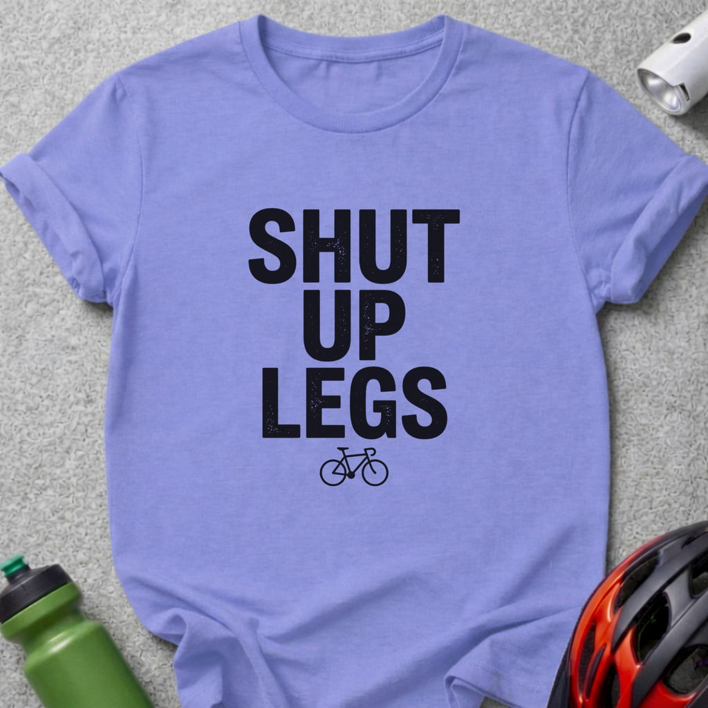 Purple t-shirt with "SHUT UP LEGS" and a bicycle graphic.