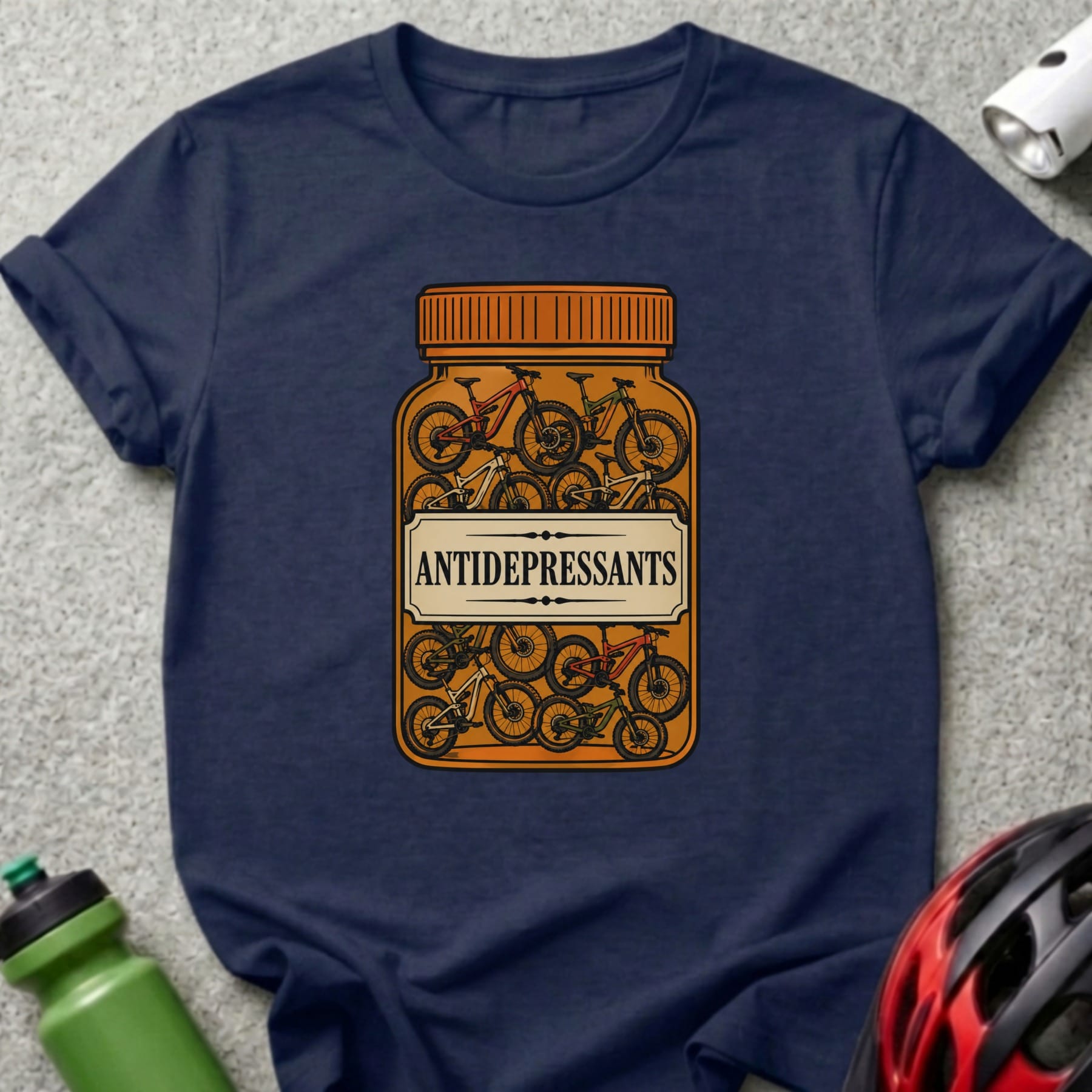 T-shirt featuring a pill bottle labeled "ANTIDEPRESSANTS" filled with bicycles.
