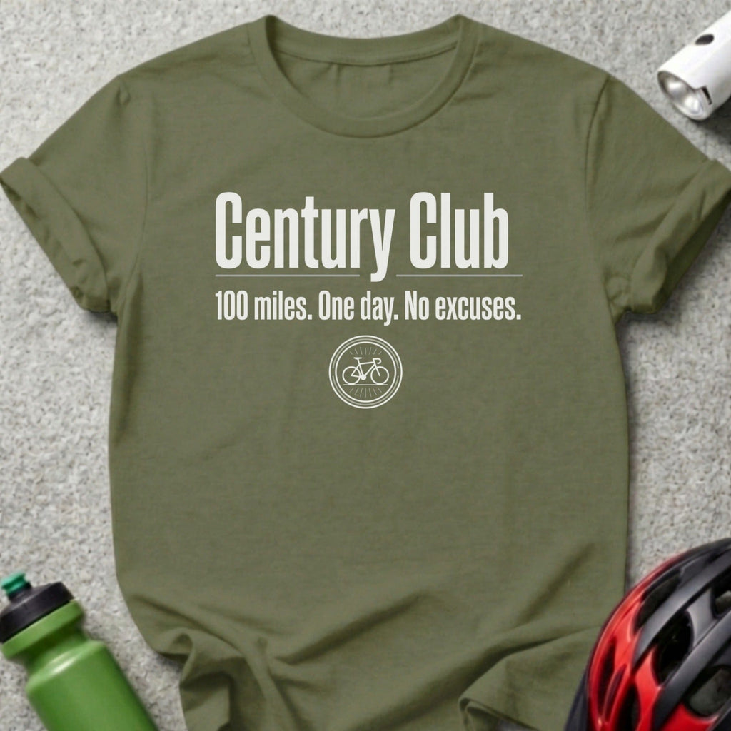 Olive green t-shirt with "Century Club 100 miles. One day. No excuses." and a bicycle logo.