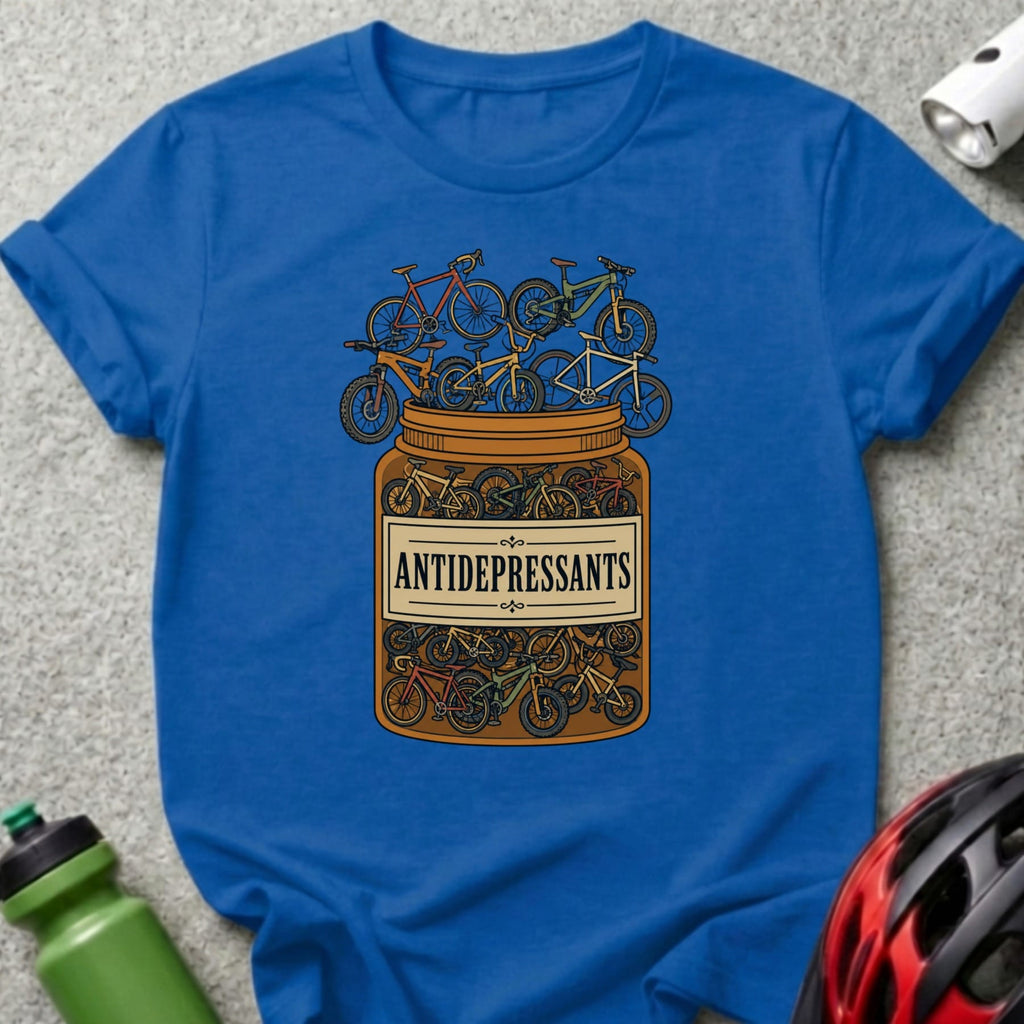 T-shirt graphic of bicycles inside a pill bottle labeled "ANTIDEPRESSANTS".