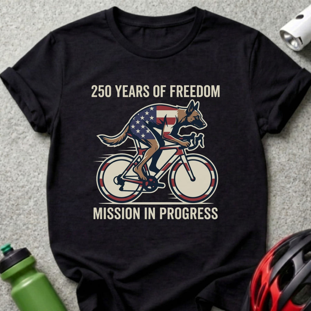 German Shepherd on a bicycle with American flag colors, "250 Years of Freedom" text.