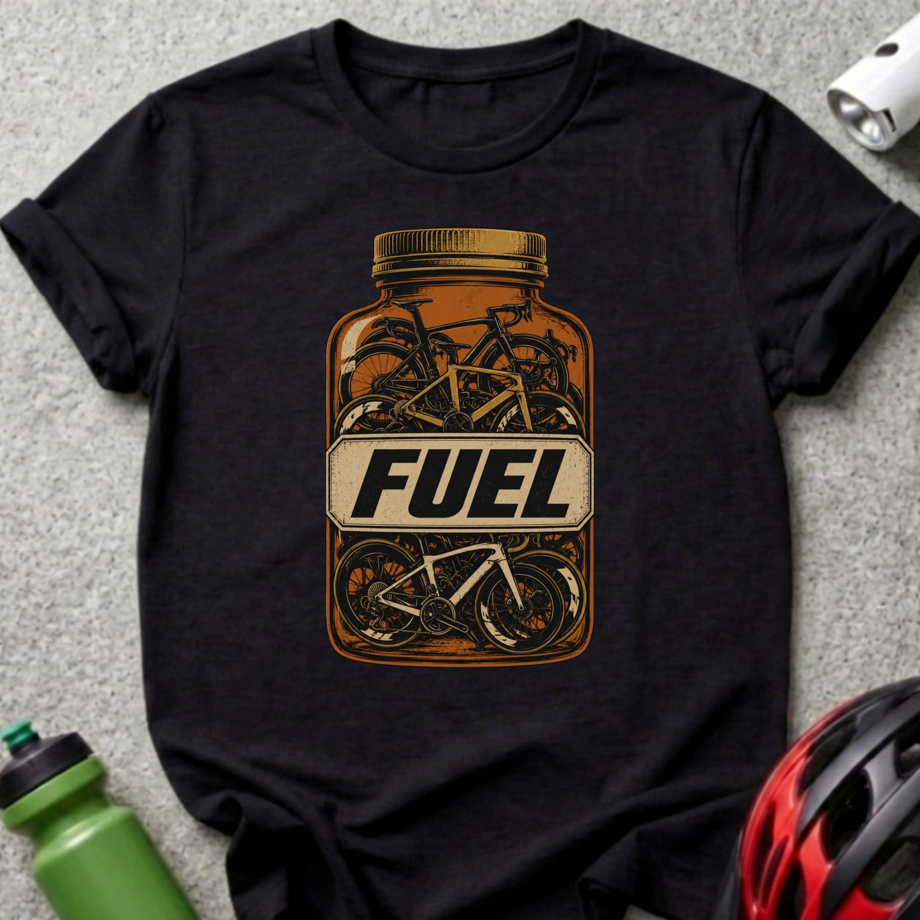 Illustration of bicycles inside a fuel bottle labeled "FUEL".