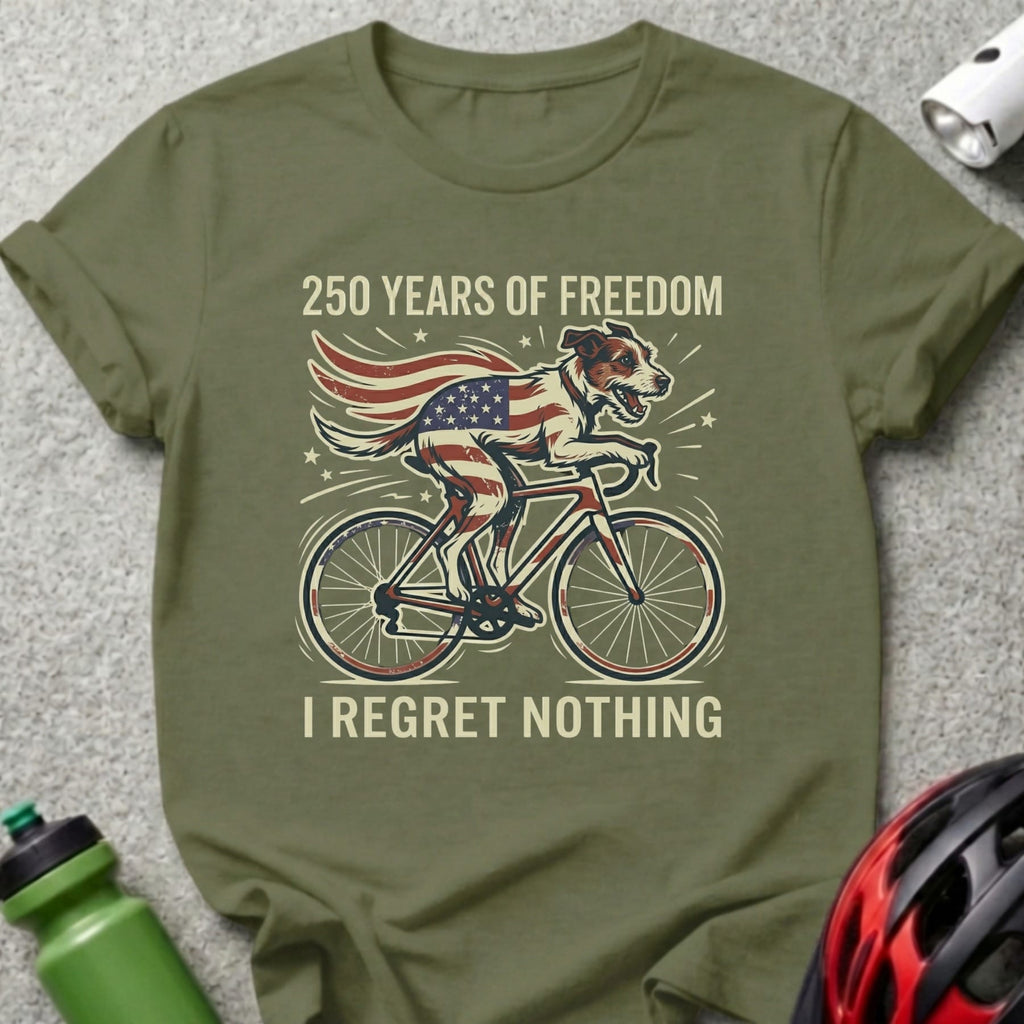 Dog riding a bicycle with American flag, "250 Years of Freedom, I Regret Nothing".