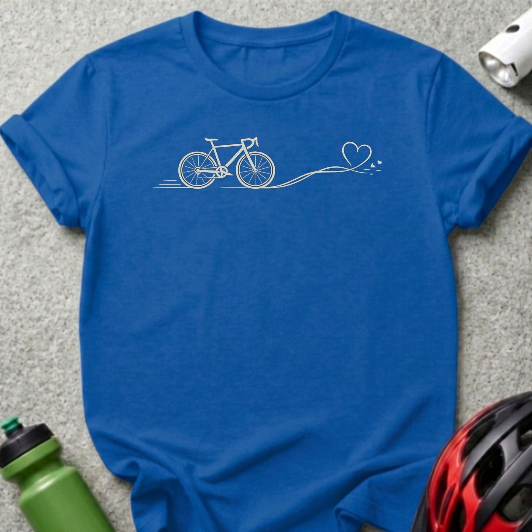 Bicycle and Heart Line Art Design on Blue Shirt