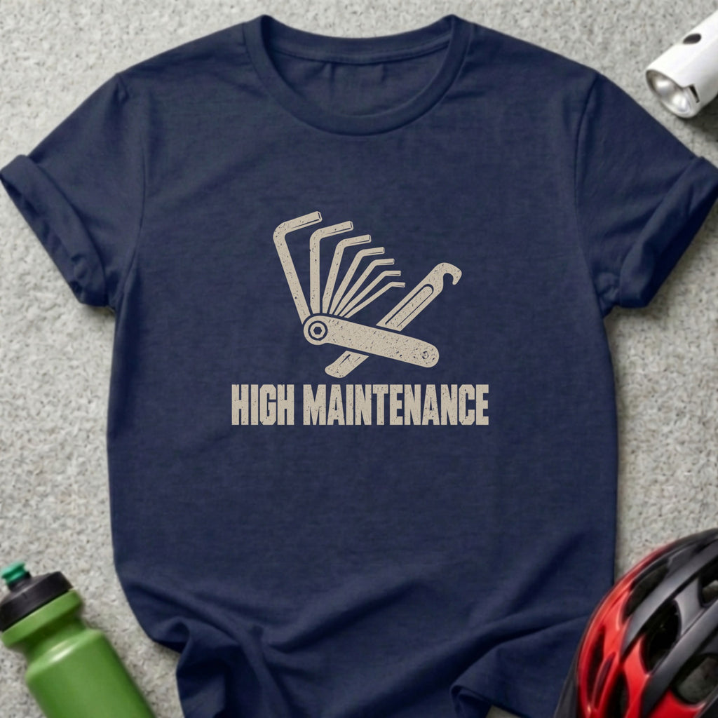 Dark blue t-shirt featuring a graphic of a folding bicycle tool and the text HIGH MAINTENANCE.