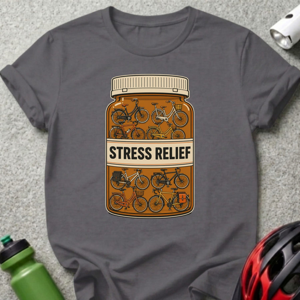 Pill bottle graphic with bicycles and "Stress Relief" text on a dark grey t-shirt.