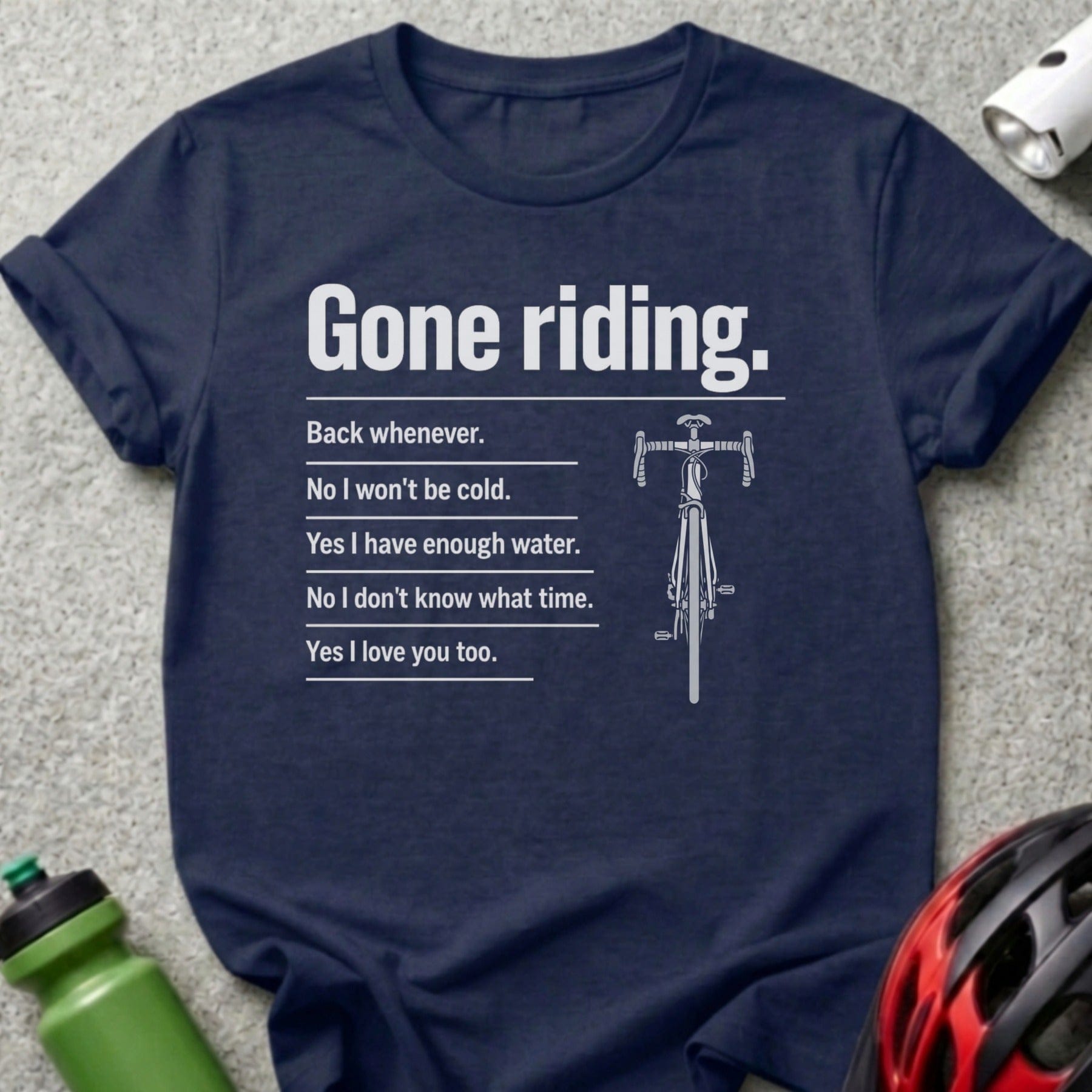 Dark blue t-shirt with white text and a bicycle illustration.