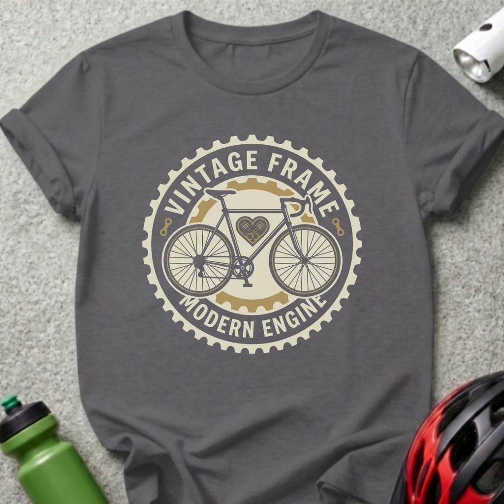 Dark t-shirt with a circular "Vintage Frame Modern Engine" bicycle graphic.