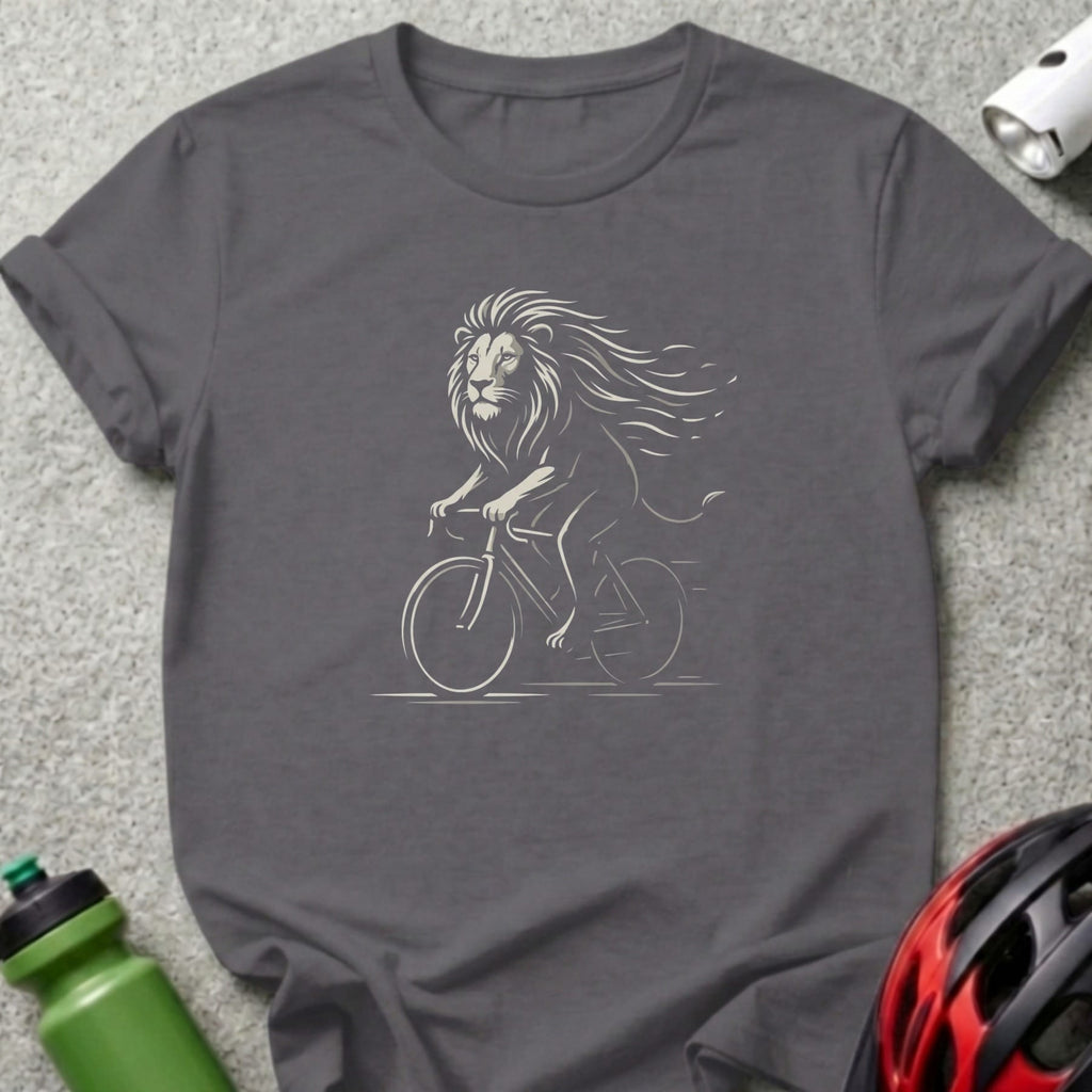 Line art of a lion riding a bicycle with wind-blown mane.