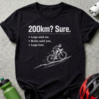 Black t-shirt with text and cyclist graphic.